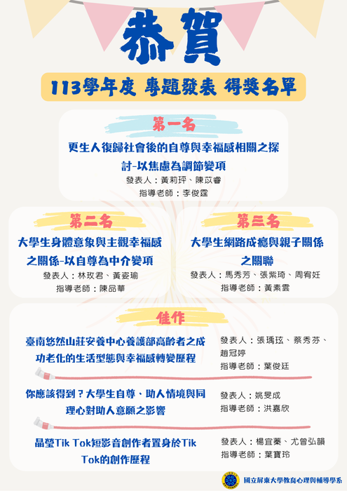【公告】113學年度大四專題研究發表得獎名單圖片